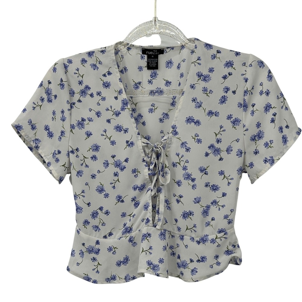 Rue21‎ Womens Blue Floral V-Neck Tie Front Peplum Blouse White Short Sleeve Med
